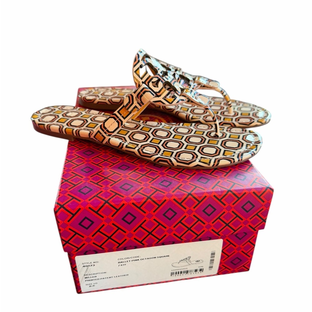 NIB Tory Burch Ballet Pink Octagon Square Patent Leather Sandals